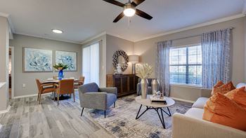 Open living and dining area with modern furnishings